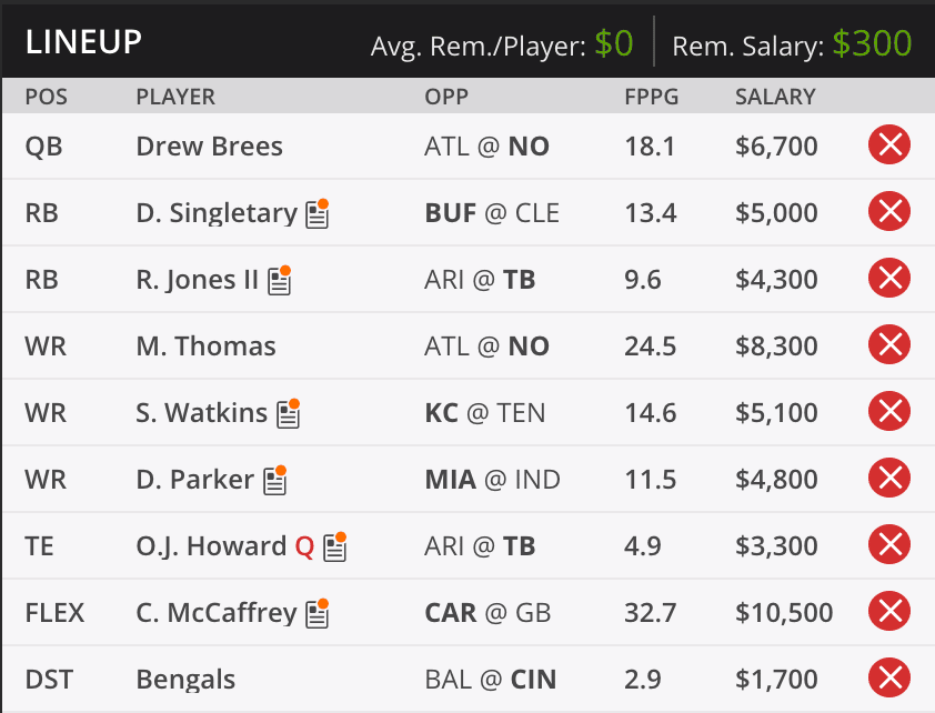 Kramer Week Ten Draft Kings Lineup