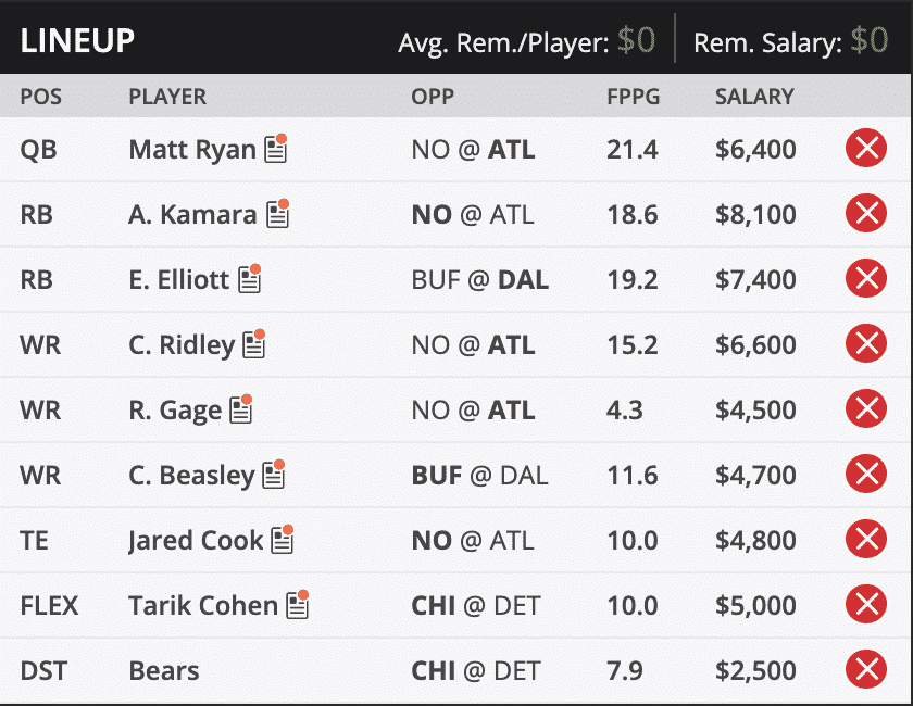 ryans thanksgiving draft kings lineup