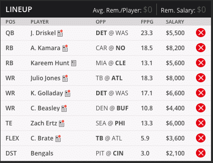 week twelve draft kings lineups sean