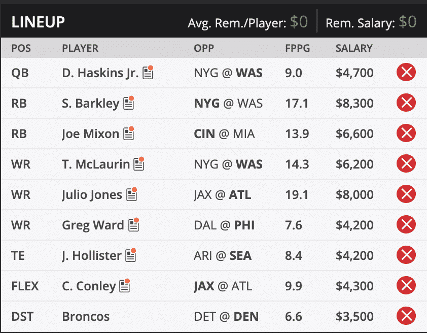 draft kings lineup week 16 ryan