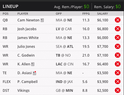 cam newton draft kings millionaire maker lineup