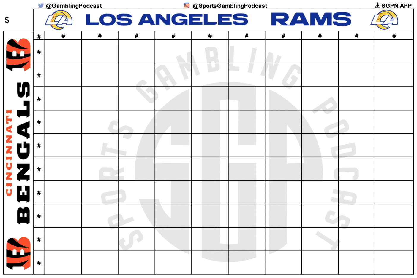 Printable Super Bowl 56 Squares Grid - Cincinnati Bengals vs Los Angeles  Rams - Sports Gambling Podcast