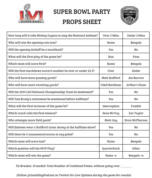 Super Bowl Prop Pool - Printable Prediction Pool
