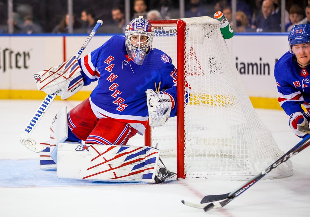 Igor Shesterkin of the New York Rangers looks on during during the