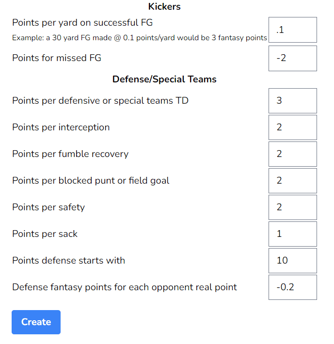 AltFantasy Scoring Settings Defense