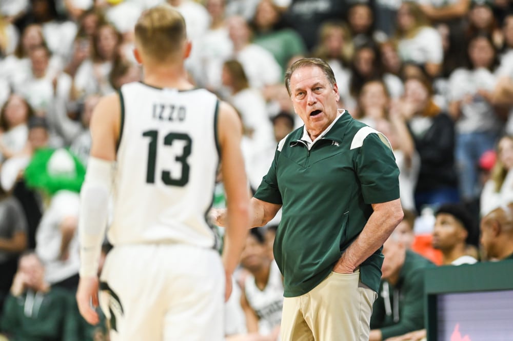  EAST LANSING, MI - NOVEMBER 7: Michigan State Spartans head coach Tom Izzo instructs his son, guard Steven Izzo (13) during a college basketball game between the Michigan State Spartans and Northern Arizona Lumberjacks on November 7, 2022 at the Breslin Center in East Lansing, MI (Photo by Adam Ruff/Icon Sportswire)