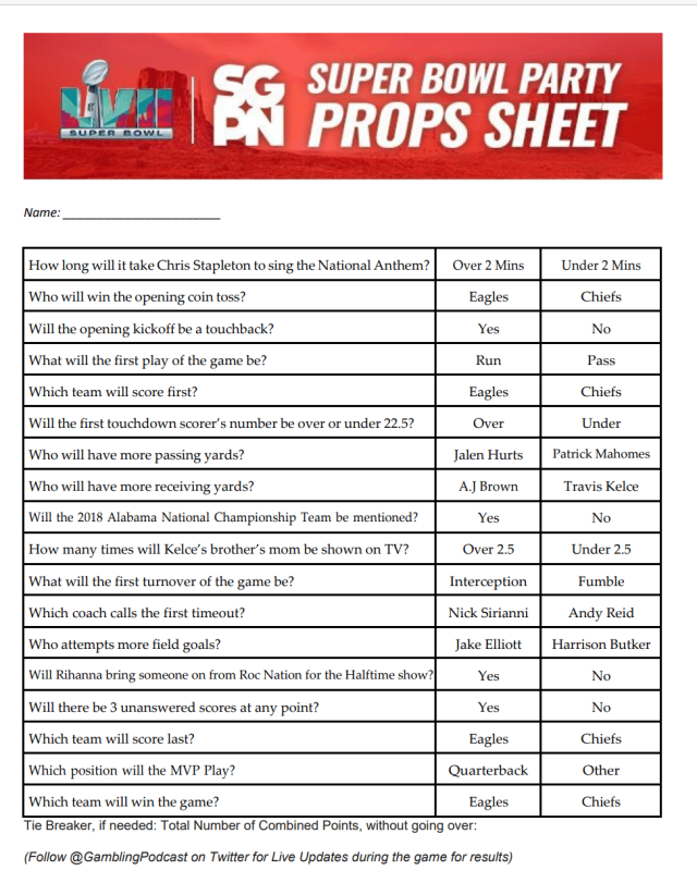 Super Bowl 57 Party Props Sheet