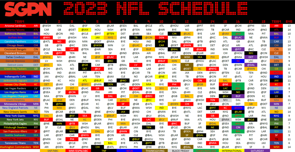 2023 NFL Schedule Grid from SGPN