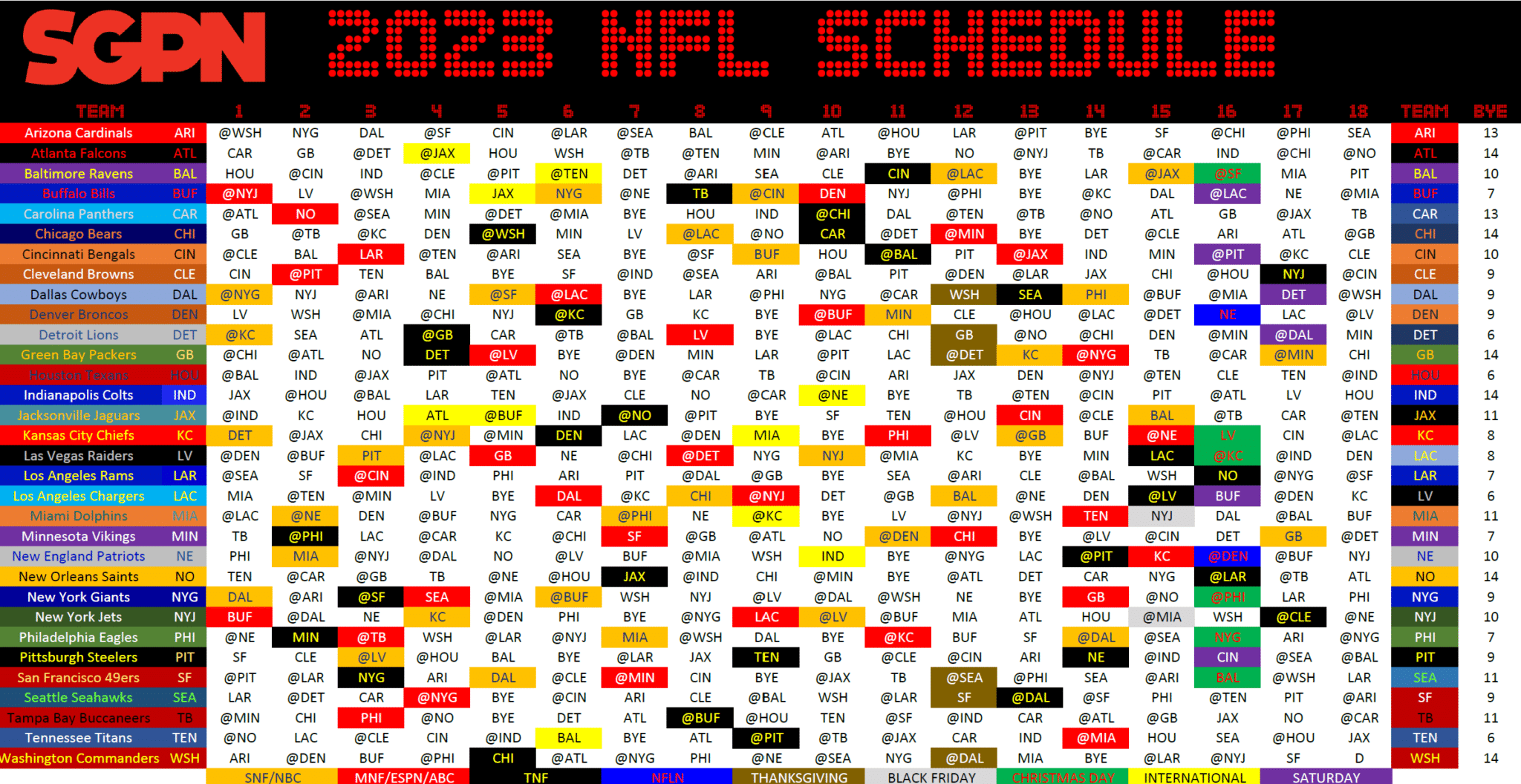 2023 NFL Schedule Grid From SGPN Sports Gambling Podcast