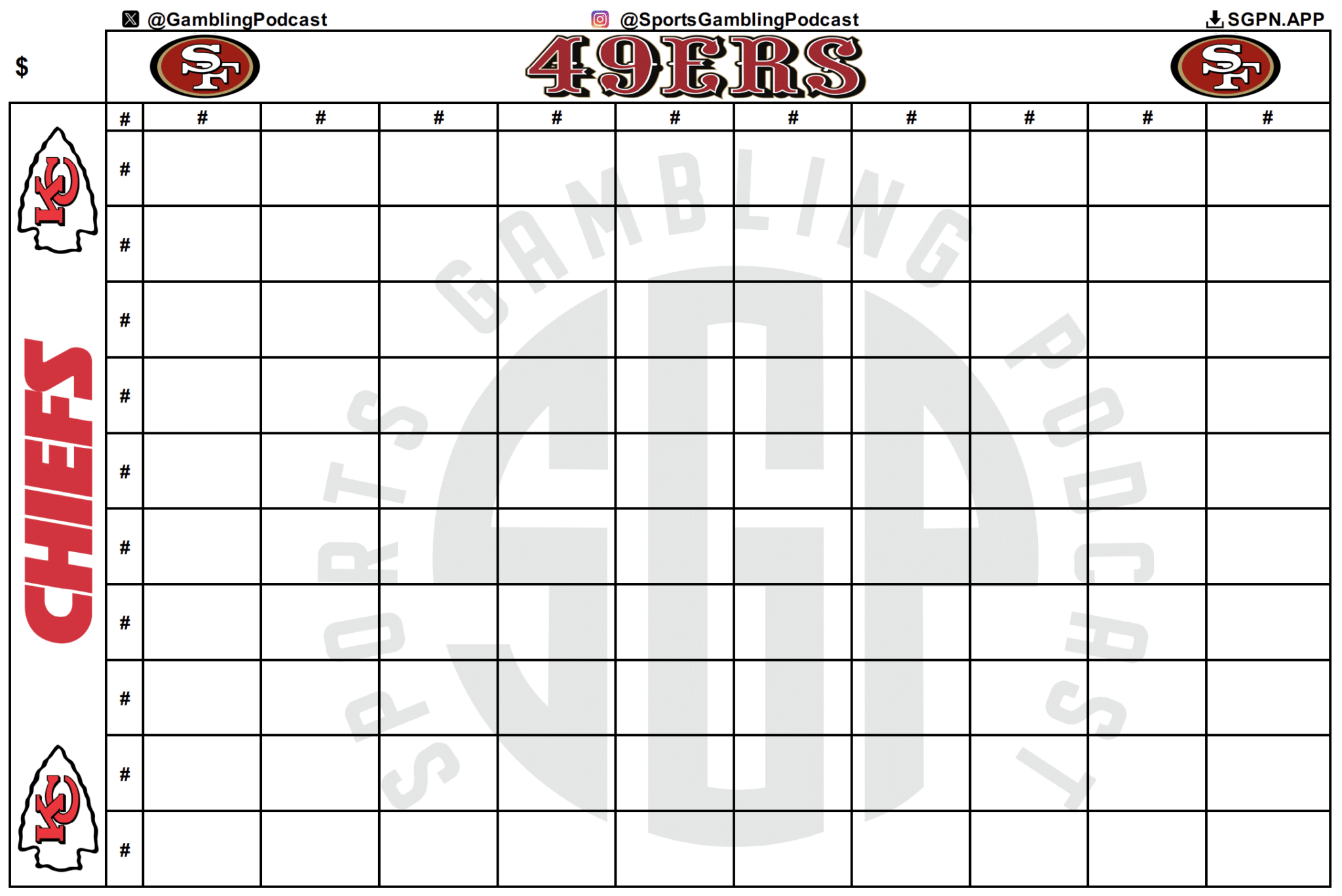 Printable Super Bowl 58 Squares Grid Sheet - Kansas City Chiefs vs San Francisco 49ers