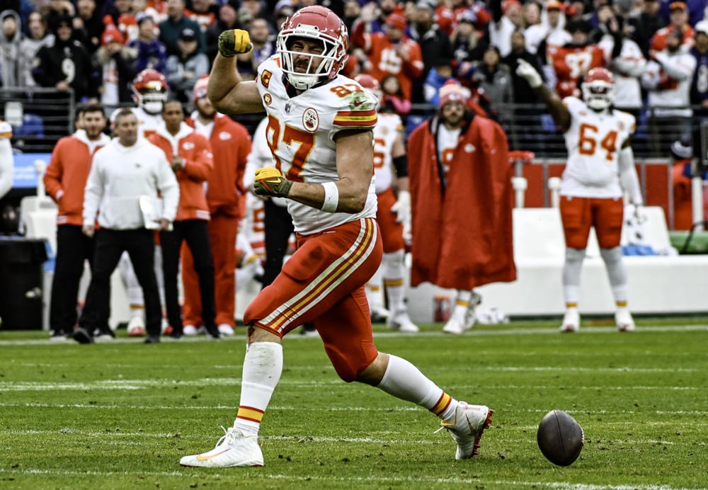 BALTIMORE, MD - JANUARY 28: Kansas City Chiefs tight end Travis Kelce (87) reacts after his reception for a first down during the Kansas City Chiefs game versus the Baltimore Ravens in the AFC Championship Game on January 28, 2024 at M&T Bank Stadium in Baltimore, MD. (Photo by Mark Goldman/Icon Sportswire)