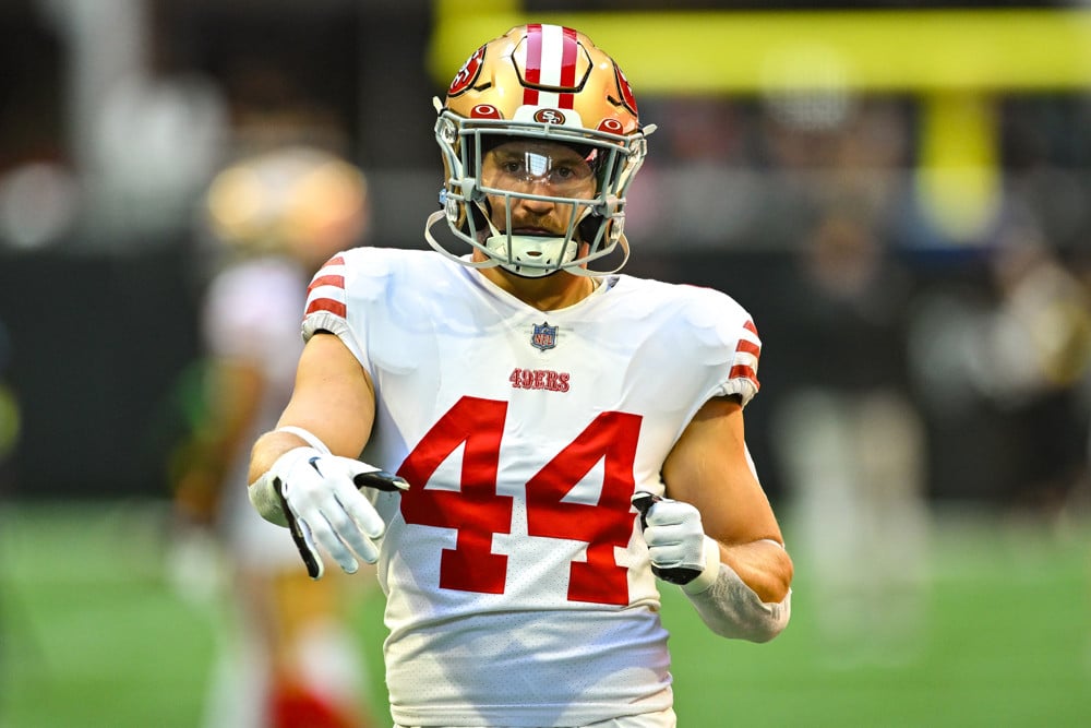 ATLANTA, GA Ð OCTOBER 16: San Francisco fullback Kyle Juszczyk (44) warms up prior to the start of the NFL game between the San Francisco 49ers and the Atlanta Falcons on October 16th, 2022 at Mercedes-Benz Stadium in Atlanta, GA. (Photo by Rich von Biberstein/Icon Sportswire)