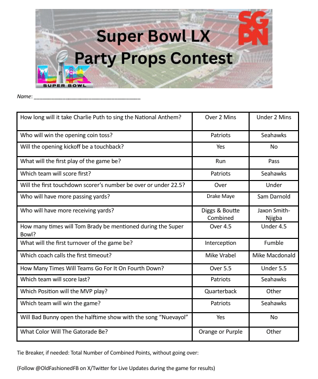 Printable Super Bowl LX Party Prop Sheet Contest 2026