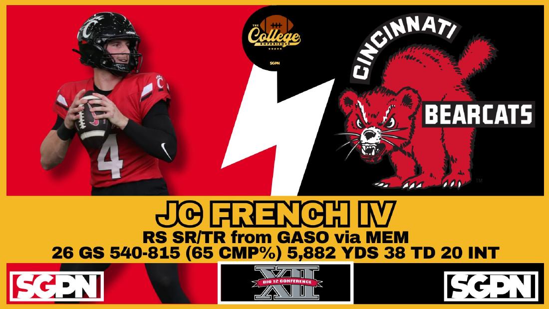 J.C. French IV Cincinnati Quarterback Stats J.C. French IV career stats: 26 starts, 65 percent completions, 5882 yards, 38 touchdowns