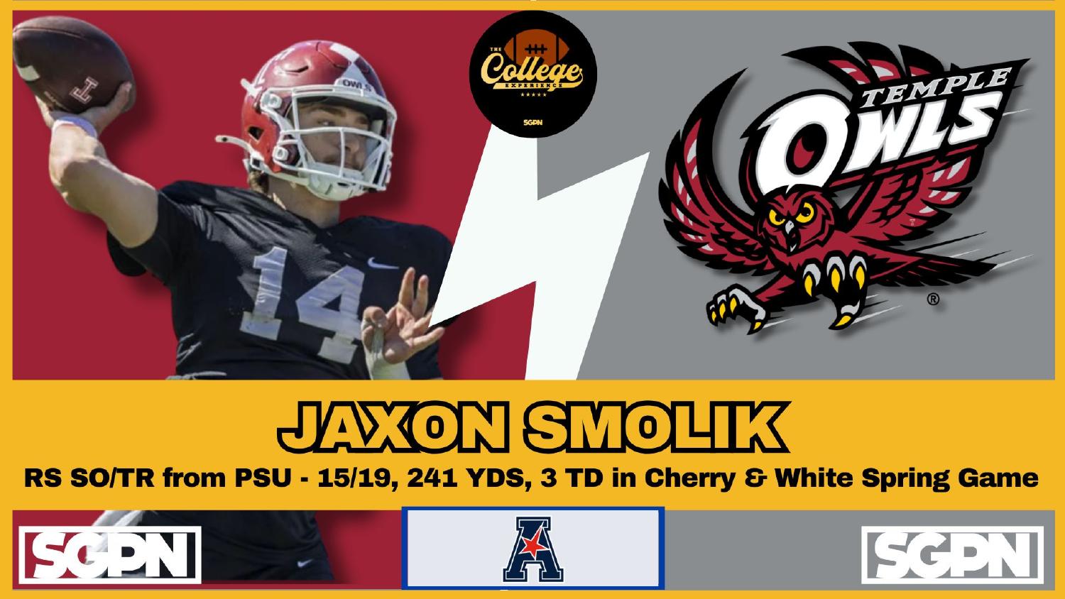 Temple Owls Quarterback Jaxon Smolik Temple Owls quarterback Jaxon Smolik Penn State transfer after 241 yards and 3 touchdowns in the spring game