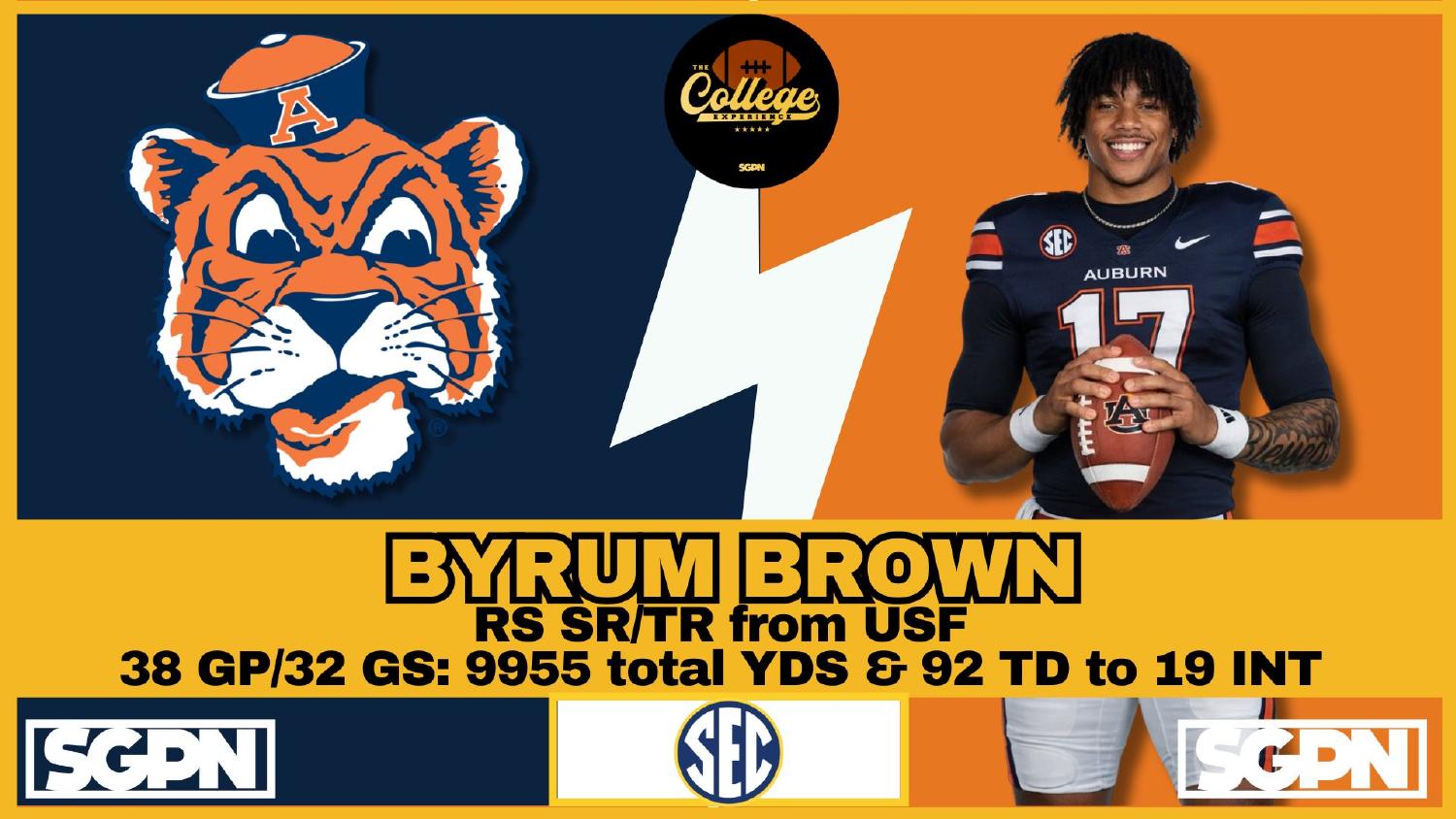 Auburn Tigers Quarterback Byrum Brown Auburn Tigers quarterback Byrum Brown a USF transfer with 9955 total yards and 92 touchdowns across 38 games