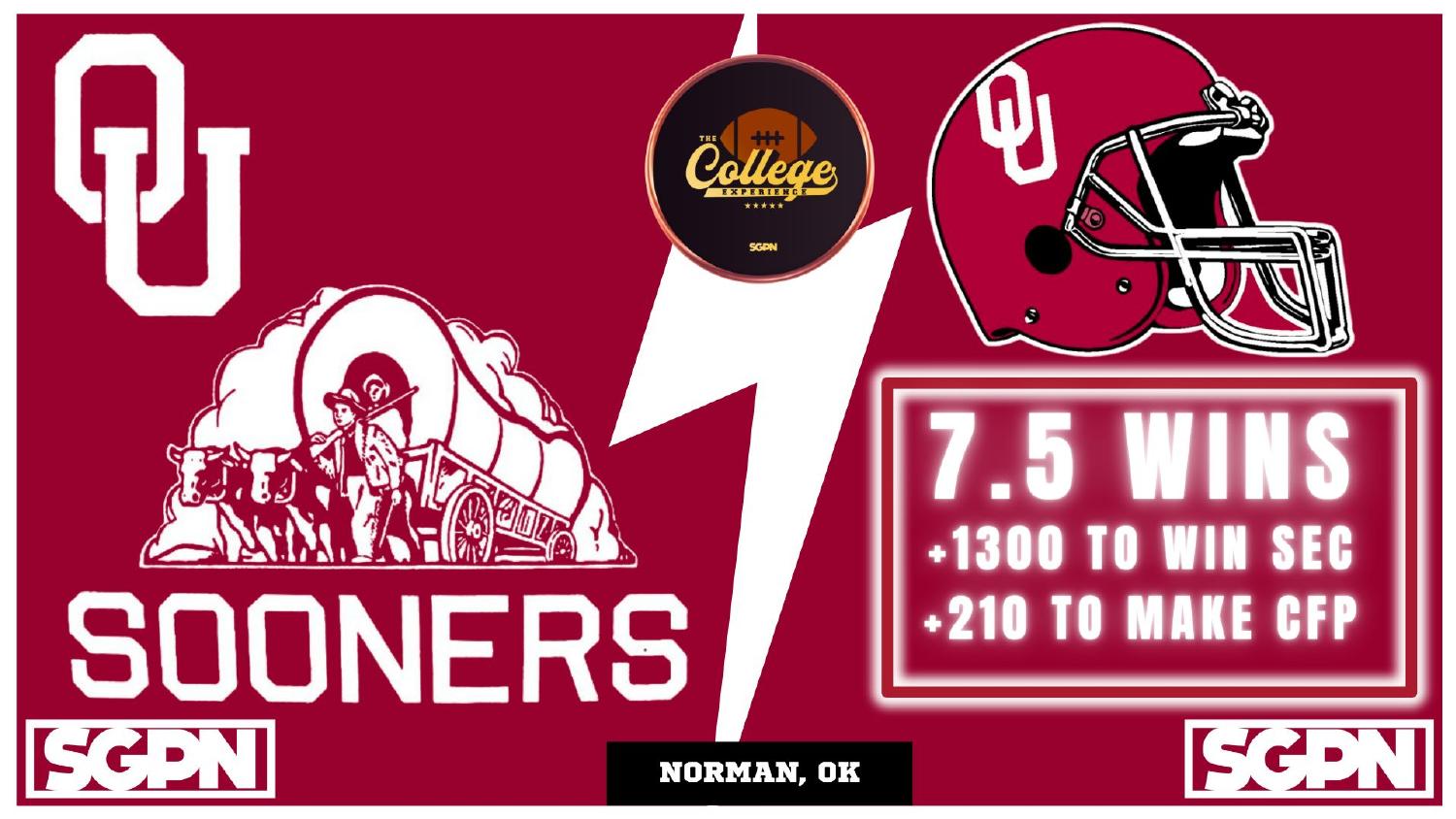 Oklahoma Sooners 2026 Win Total Oklahoma Sooners 2026 preview win total set at 7.5 with plus 1300 SEC and plus 210 College Football Playoff odds