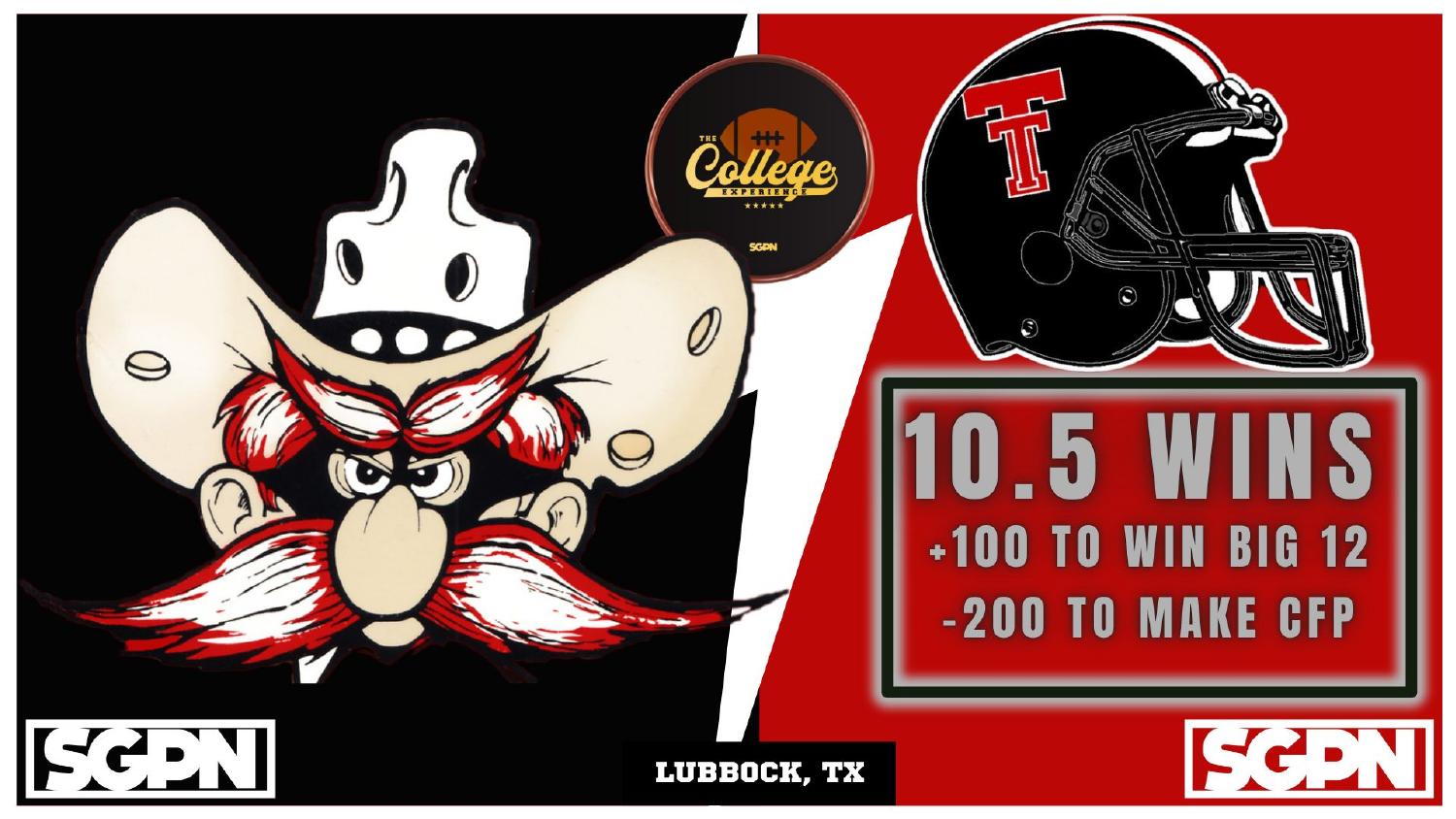 Texas Tech Red Raiders 2026 Win Total Texas Tech Red Raiders 2026 win total set at 10.5 with plus 100 Big 12 and minus 200 College Football Playoff odds