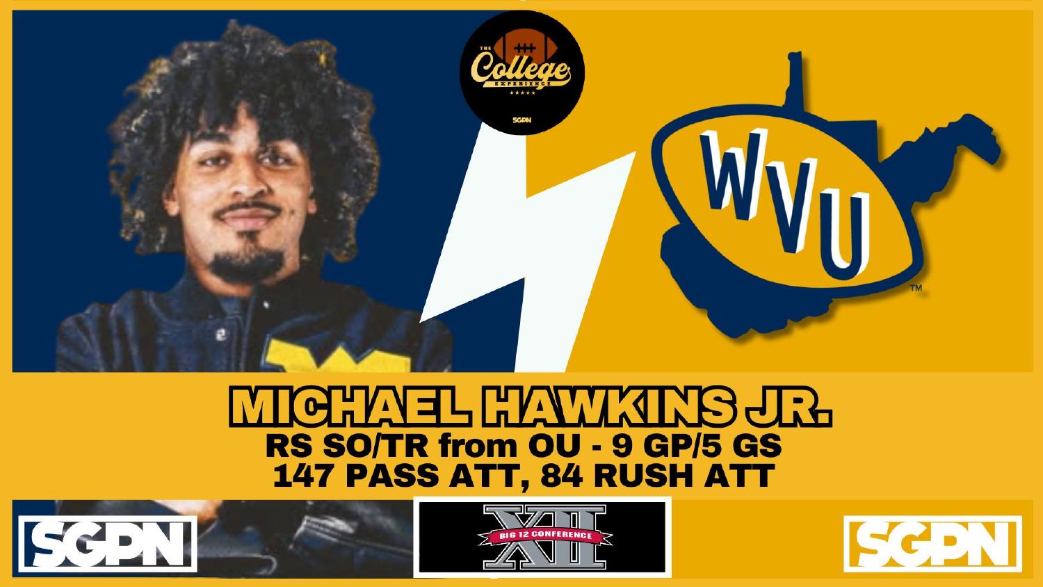 West Virginia Mountaineers Quarterback Michael Hawkins Jr. West Virginia Mountaineers quarterback Michael Hawkins Jr. an Oklahoma transfer with 147 pass and 84 rush attempts