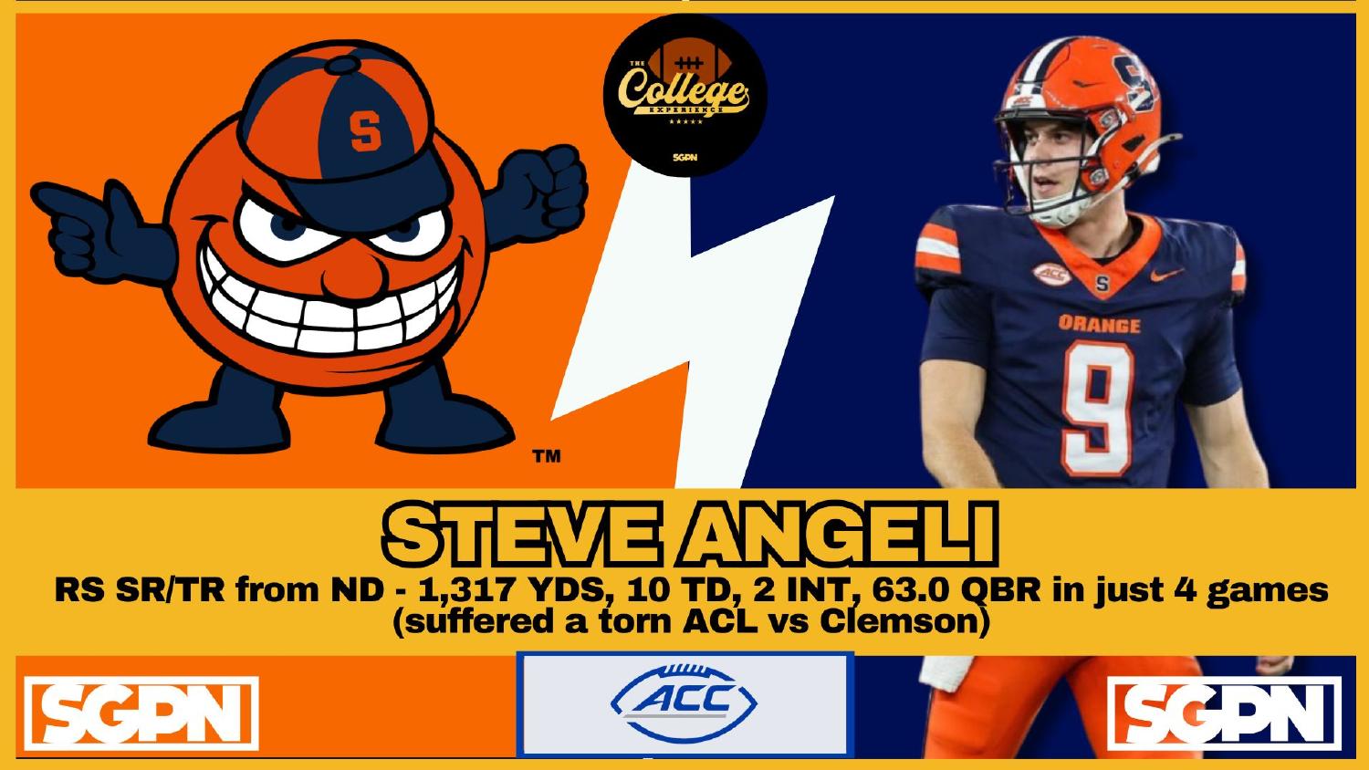 Syracuse Orangemen Quarterback Steve Angeli Syracuse Orangemen quarterback Steve Angeli entering 2026 after 1,317 yards and 10 touchdowns in four games