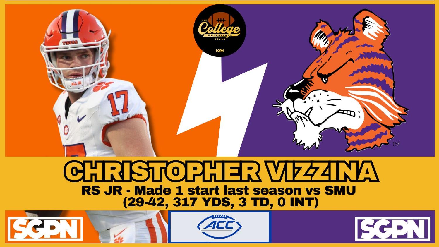 Clemson Tigers quarterback Christopher Vizzina entering 2026 after 317 yards and three touchdowns against SMU