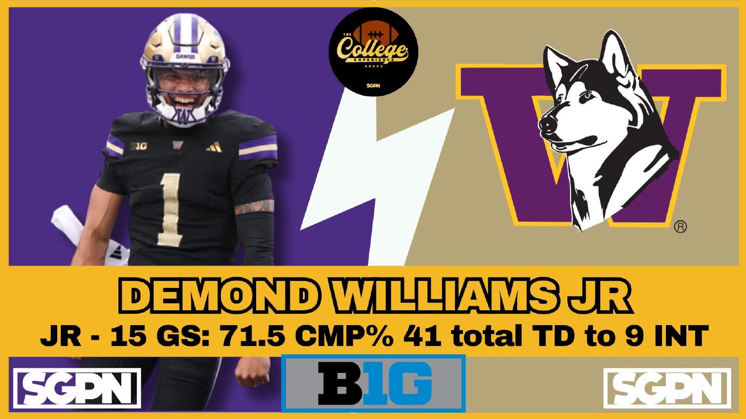 Washington Huskies quarterback Demond Williams Jr returning after 41 total touchdowns and 9 interceptions with a 71.5 completion percentage