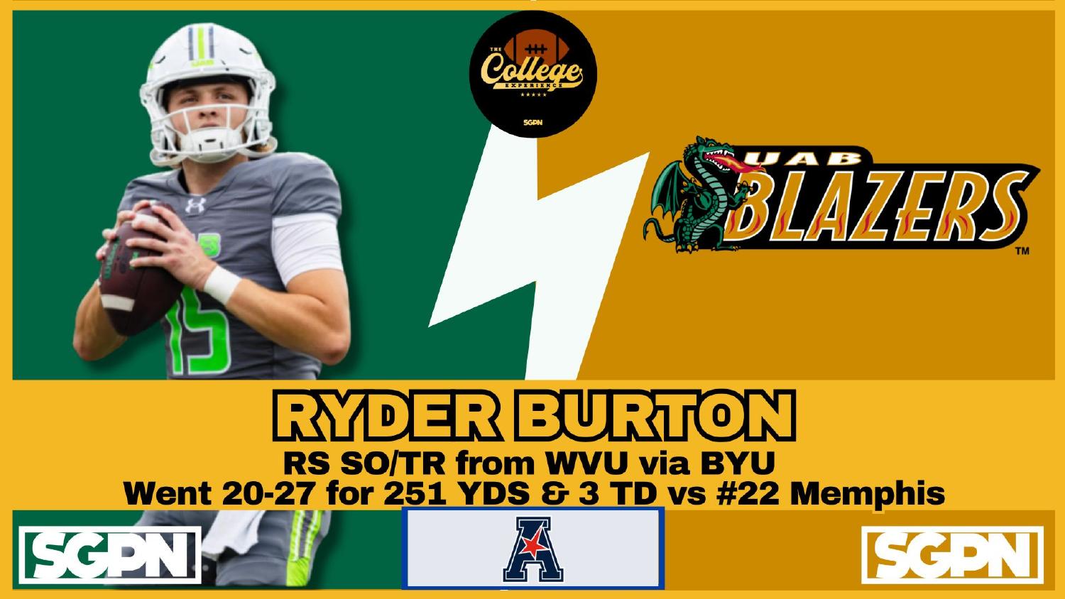 UAB Blazers Quarterback Ryder Burton UAB Blazers quarterback Ryder Burton after 251 yards and three touchdowns against Memphis