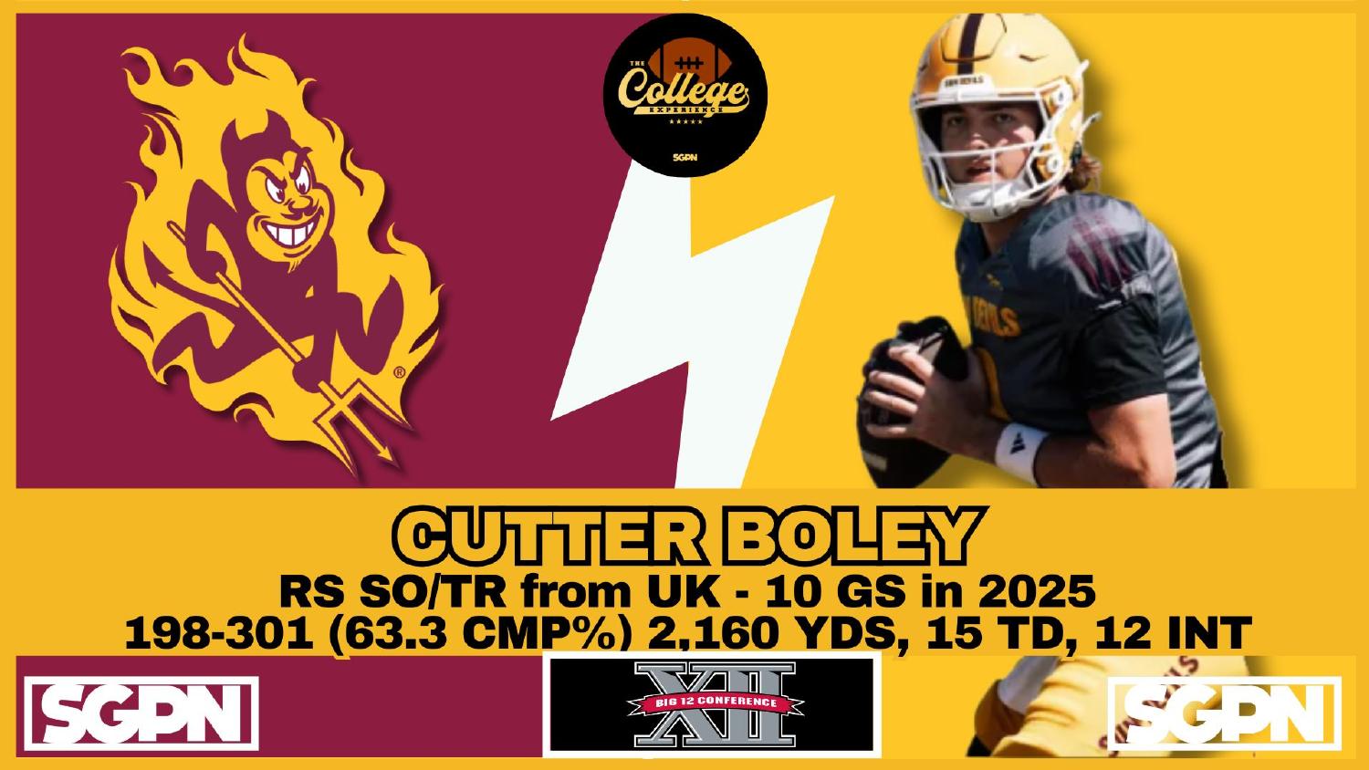 Cutter Boley Arizona State Sun Devils quarterback transfer from Kentucky with 2,160 passing yards and 15 touchdowns in 2025
