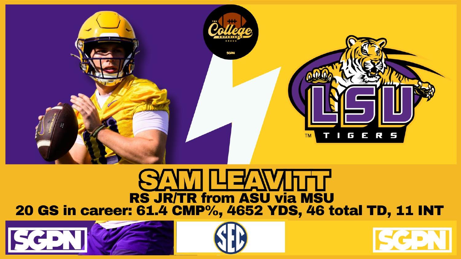 LSU Tigers Quarterback Sam Leavitt LSU quarterback Sam Leavitt entering 2026 after 4652 career yards and 46 total touchdowns