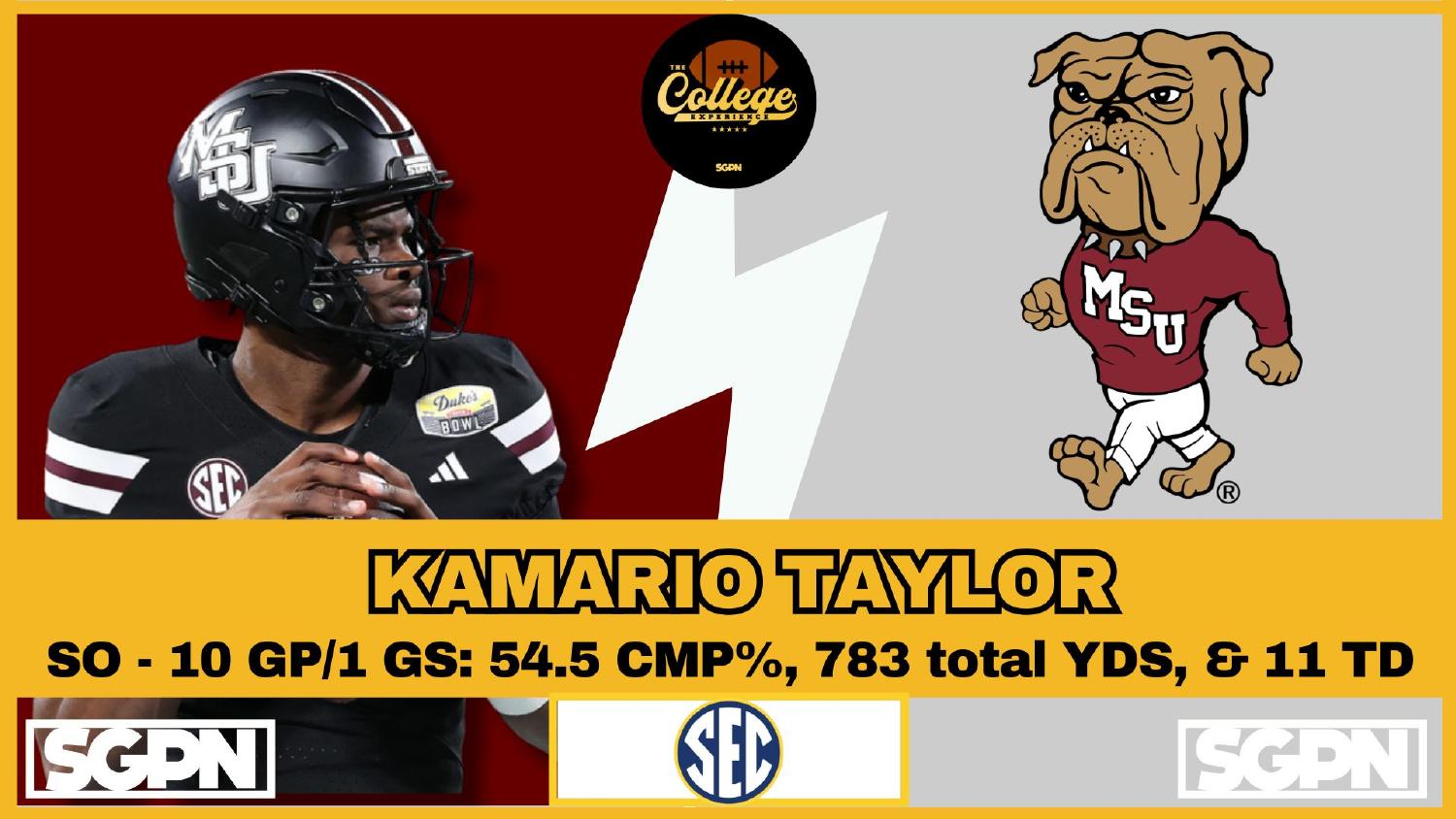Mississippi State Bulldogs Quarterback Kamario Taylor Mississippi State Bulldogs quarterback Kamario Taylor entering 2026 after 783 total yards and 11 touchdowns