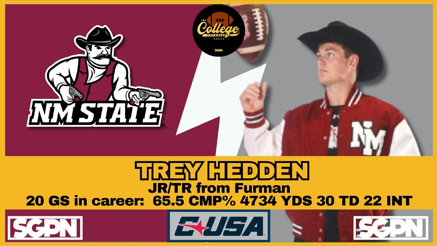 Trey Hedden New Mexico State Quarterback Trey Hedden New Mexico State Aggies quarterback with 20 career starts and a 4,734-yard, 30-touchdown, 22-interception line from Furman