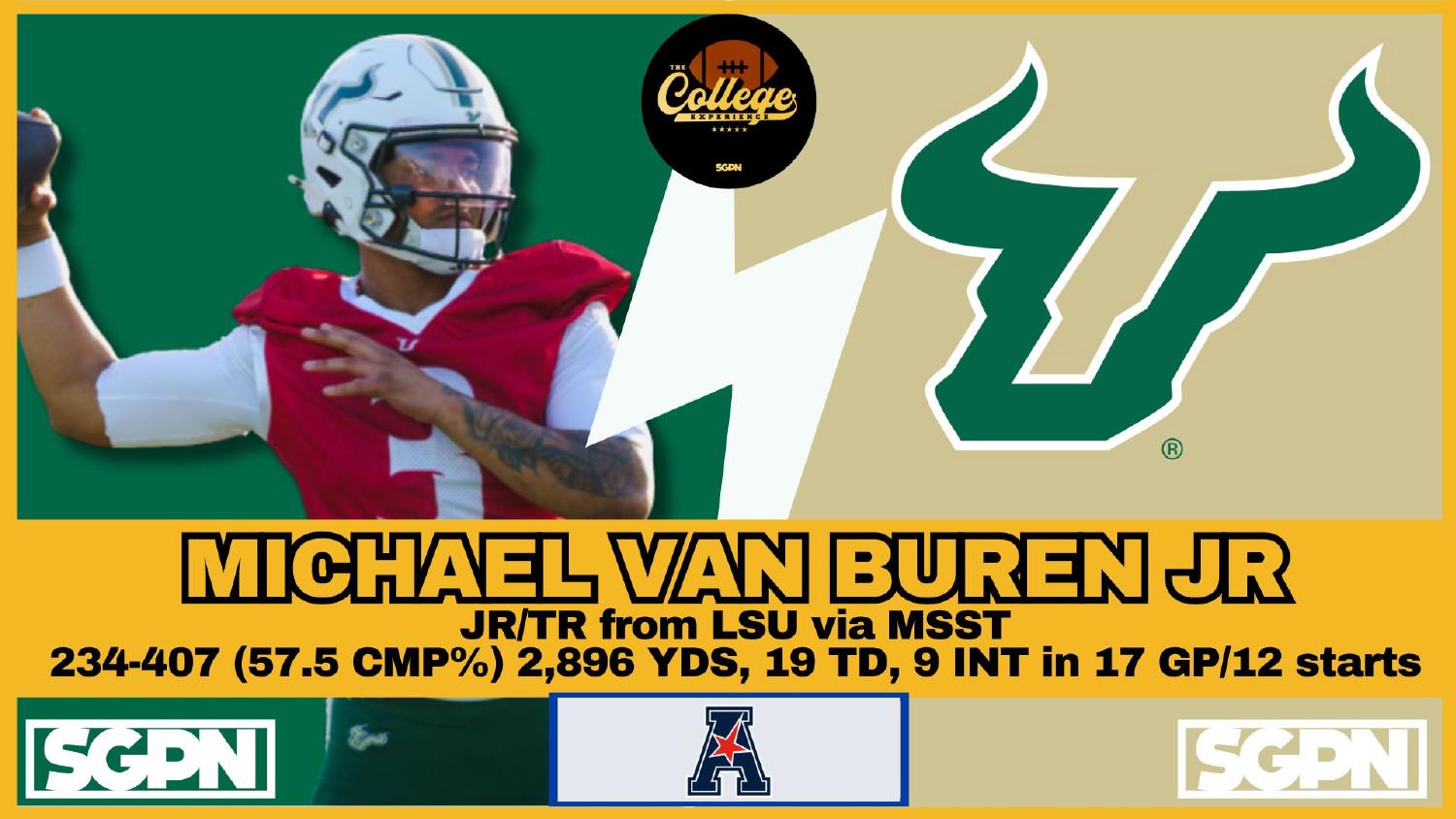 Michael Van Buren Jr South Florida Quarterback Michael Van Buren Jr South Florida quarterback transfer with 2896 passing yards and 19 touchdowns in the 2026 preview