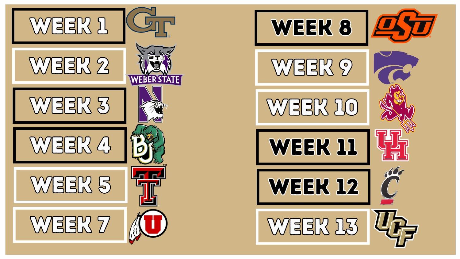 Colorado Buffaloes 2026 Big 12 schedule including road trips to Georgia Tech, Baylor, Oklahoma State and Cincinnati