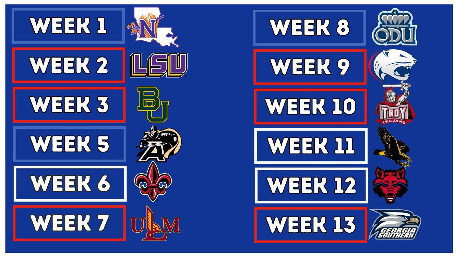 Louisiana Tech Bulldogs 2026 Sun Belt schedule including road trips to LSU and Baylor