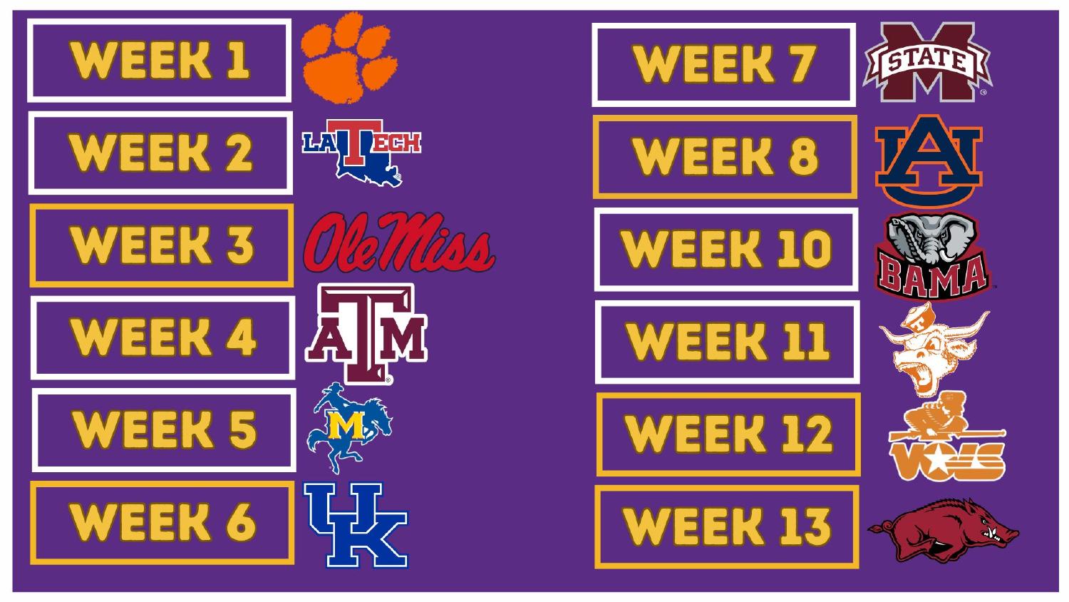 LSU Tigers 2026 Schedule LSU Tigers 2026 SEC schedule week by week from Clemson through Arkansas