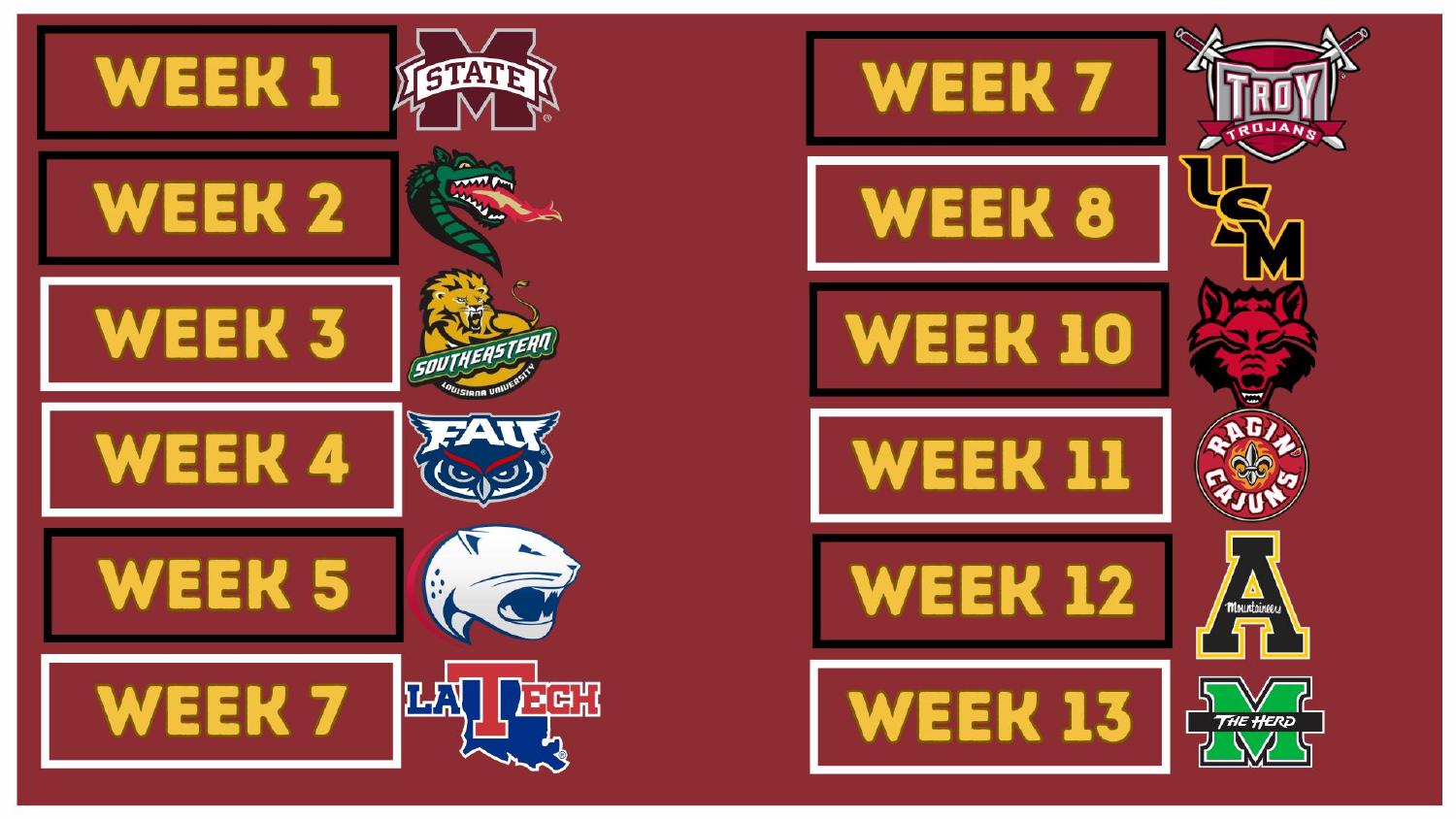ULM Warhawks 2026 Schedule ULM Warhawks 2026 Sun Belt schedule opener at Mississippi State and the Battle on the Bayou against Louisiana