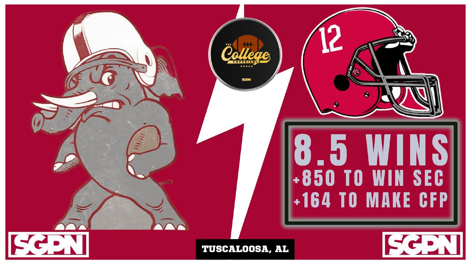 Alabama Crimson Tide 2026 win total set at 8.5 with plus 850 SEC and plus 164 CFP odds