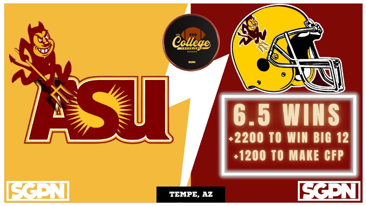 Arizona State Sun Devils 2026 win total set at 6.5 with plus 2200 Big 12 and plus 1200 College Football Playoff odds