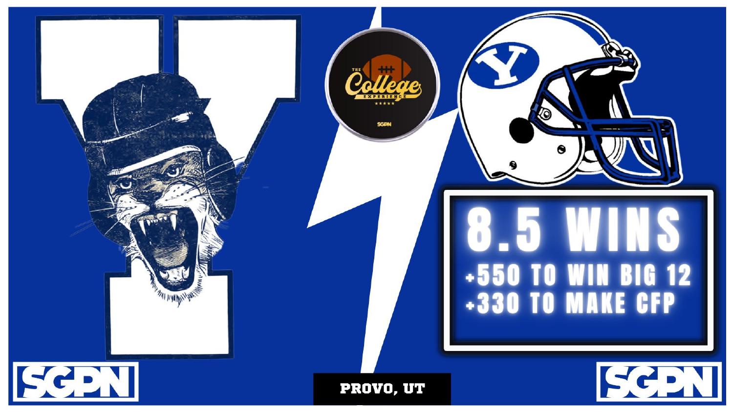 BYU Cougars 2026 Win Total BYU Cougars 2026 win total set at 8.5 with plus 550 Big 12 and plus 330 College Football Playoff odds