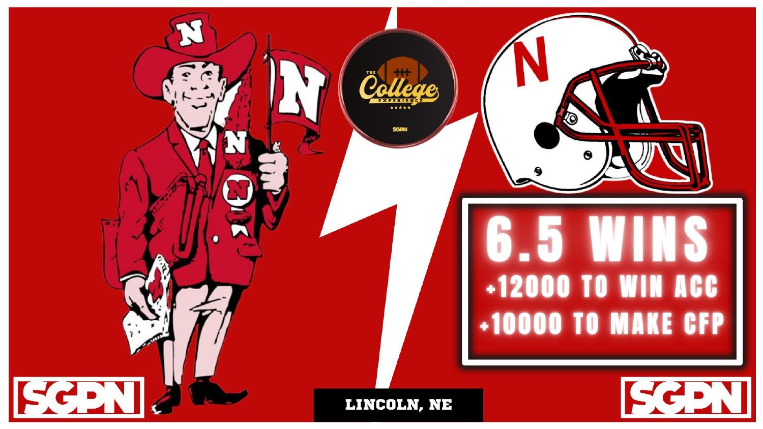 Nebraska Cornhuskers 2026 Win Total Nebraska Cornhuskers 2026 win total set at 6.5 with plus 12000 Big Ten and plus 10000 College Football Playoff odds