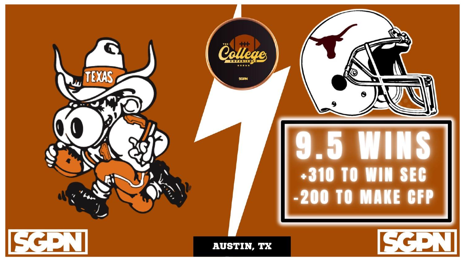 Texas Longhorns 2026 Win Total Texas Longhorns 2026 win total set at 9.5 with plus 310 SEC and minus 200 College Football Playoff odds