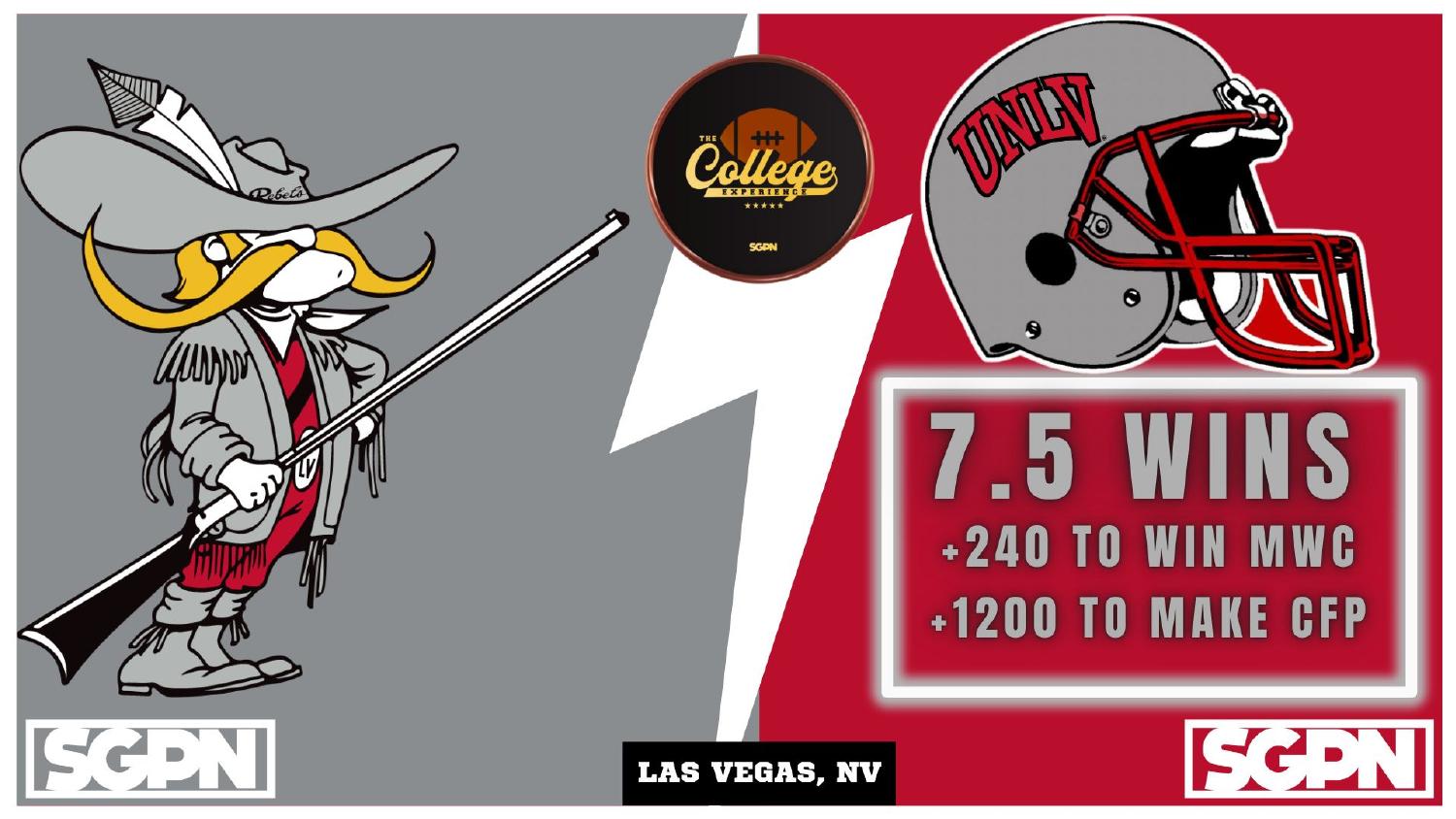 UNLV Rebels 2026 win total set at 7.5 with plus 240 Mountain West and plus 1200 College Football Playoff odds