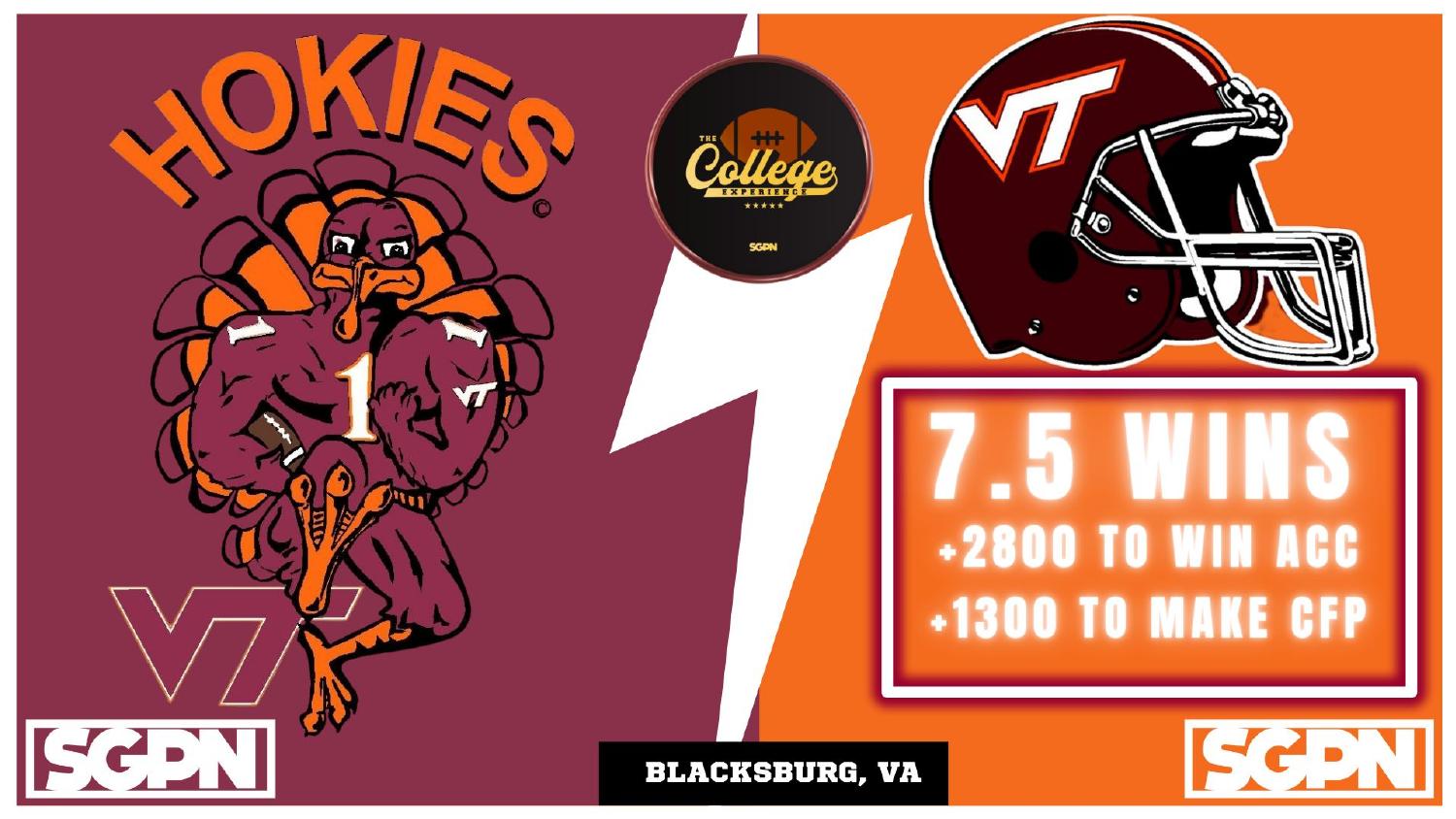 Virginia Tech Hokies 2026 Win Total Virginia Tech Hokies 2026 win total set at 7.5 with plus 2800 ACC and plus 1300 College Football Playoff odds